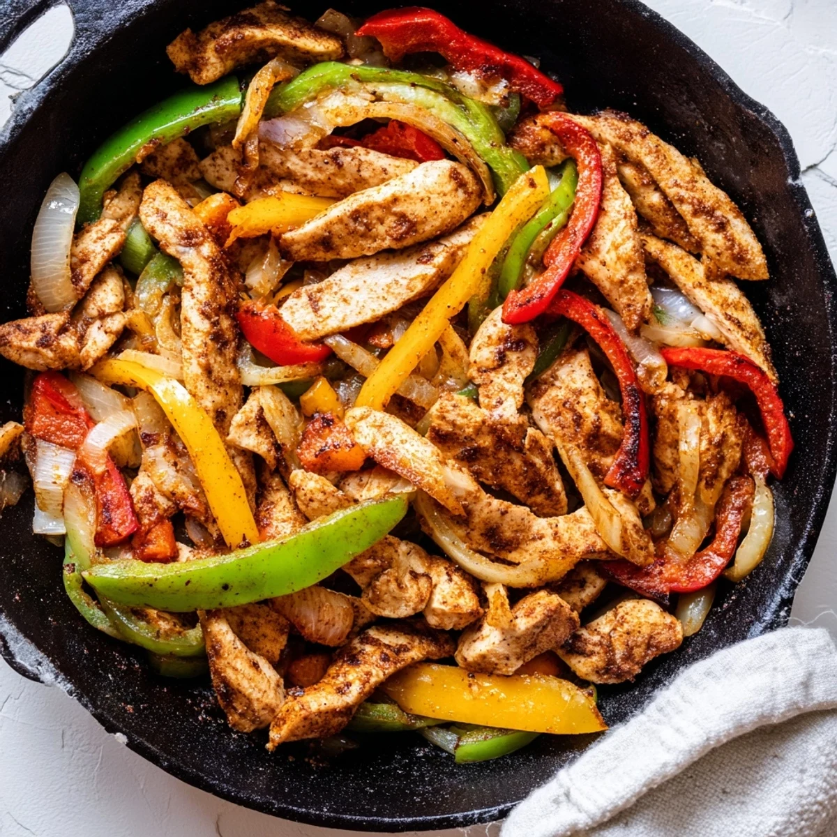 One-pan chicken cheesesteak skillet sizzling with caramelized vegetables and gooey cheese on top