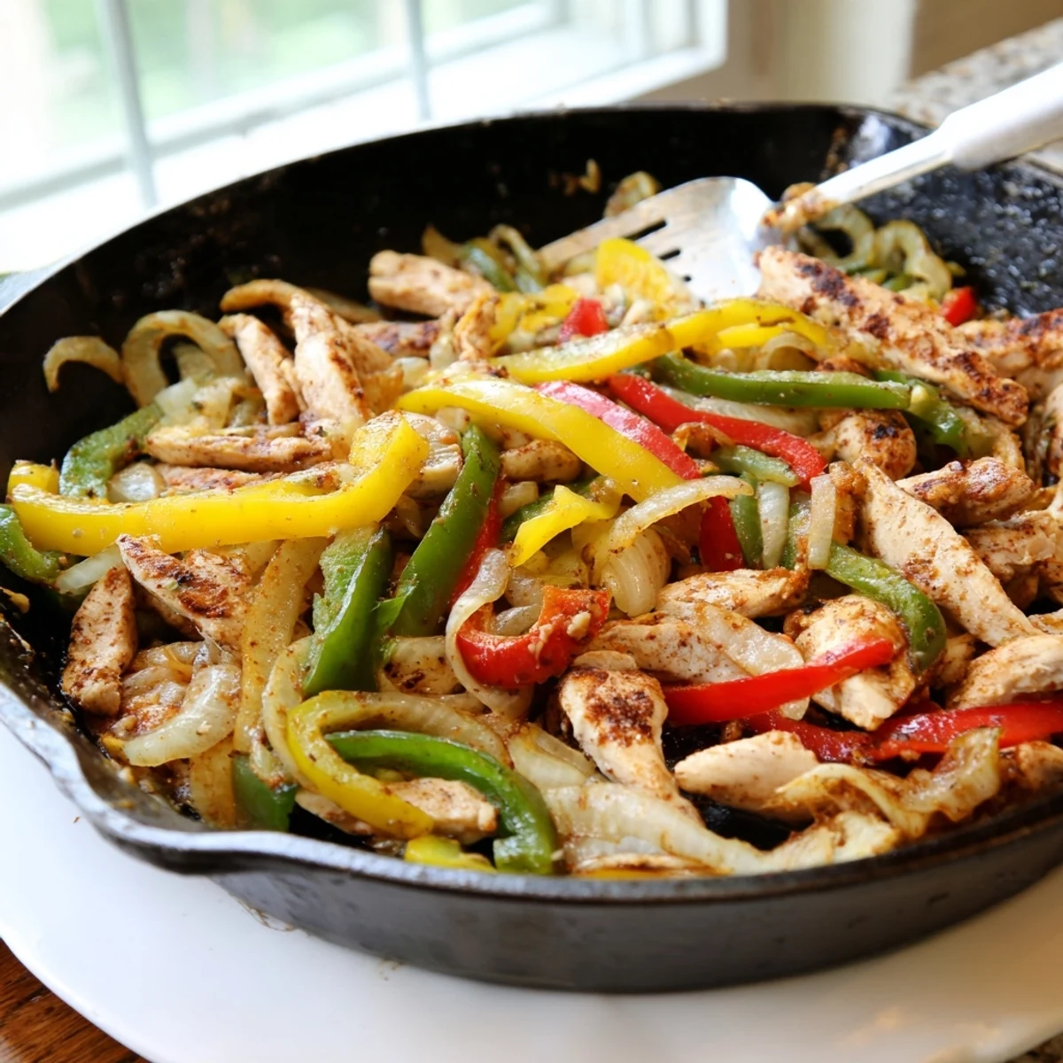 Golden melted provolone blankets tender chicken cheesesteak skillet with colorful sautéed peppers and onions