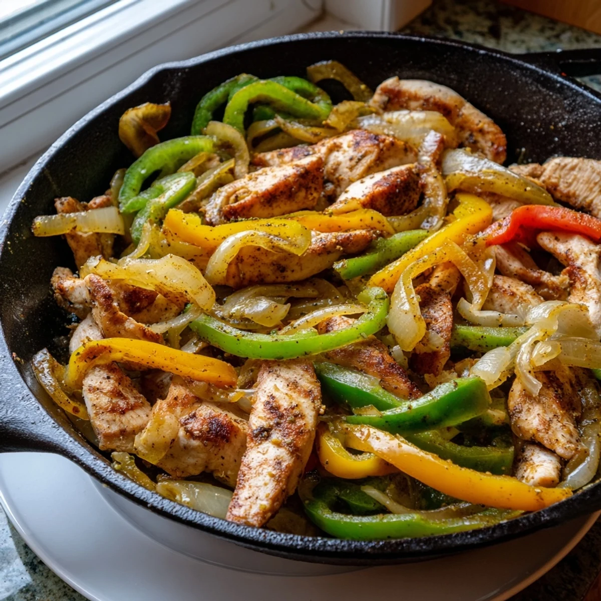 Hearty chicken cheesesteak skillet features juicy sliced chicken with melting provolone and sweet peppers