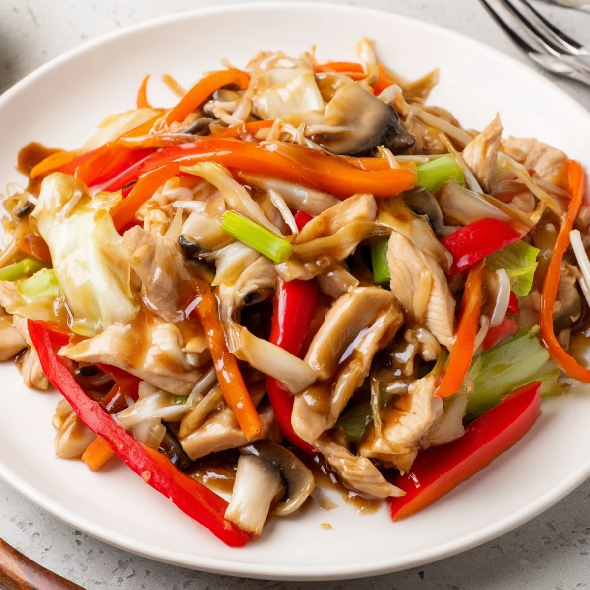 Colorful Chop Suey stir-fry featuring tender chicken and crisp vegetables in glossy savory sauce
