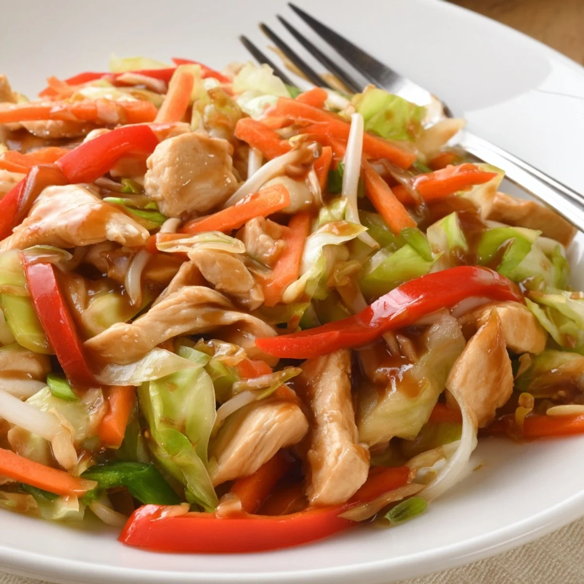 Vibrant Chinese-American Chop Suey served hot with fresh crunchy toppings and thick brown glaze