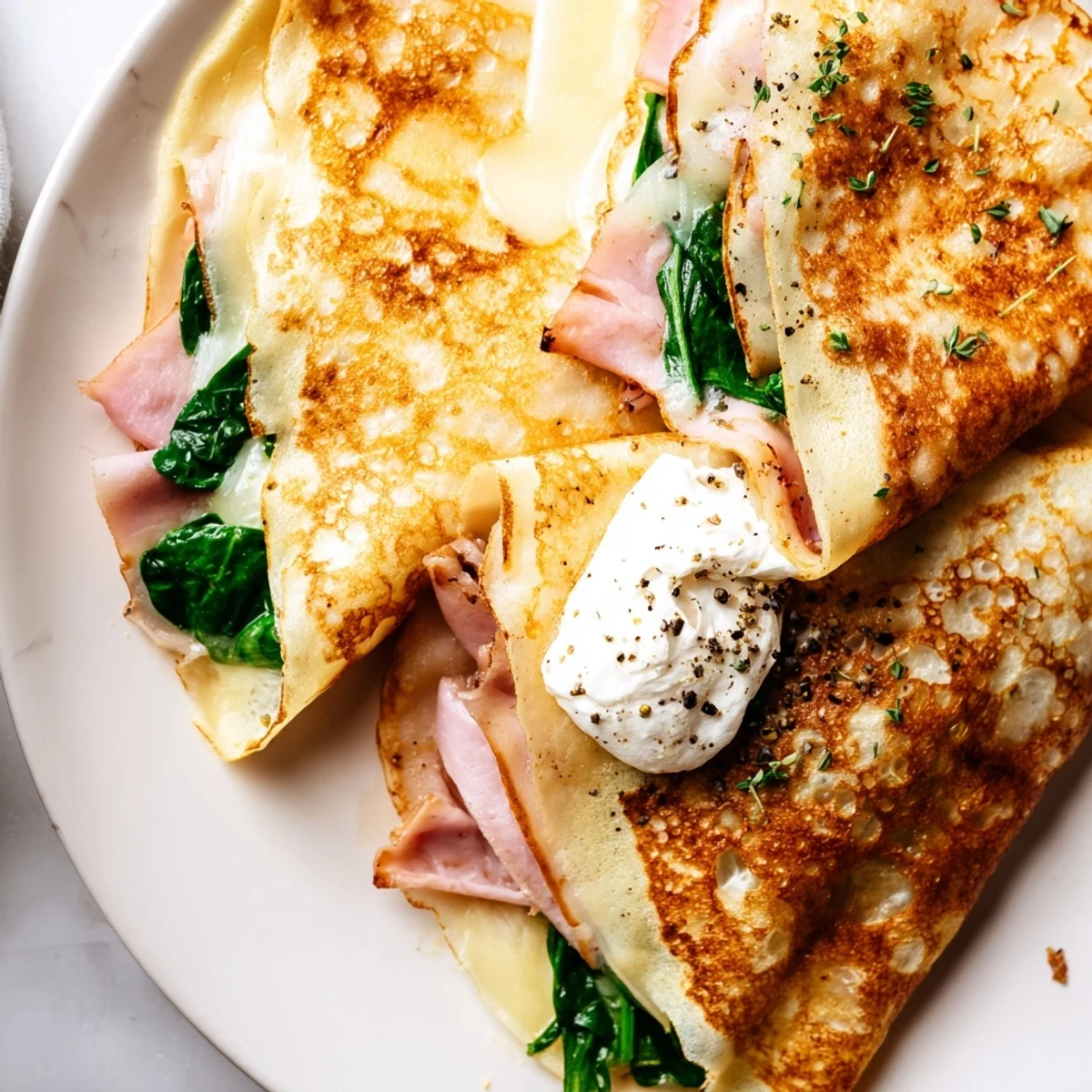 Golden savory crepes filled with melted Gruyère cheese, spinach, and ham on a white plate