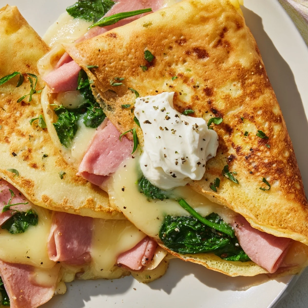 Delicate homemade savory crepes arranged on a baking dish with crispy golden edges and gooey cheese