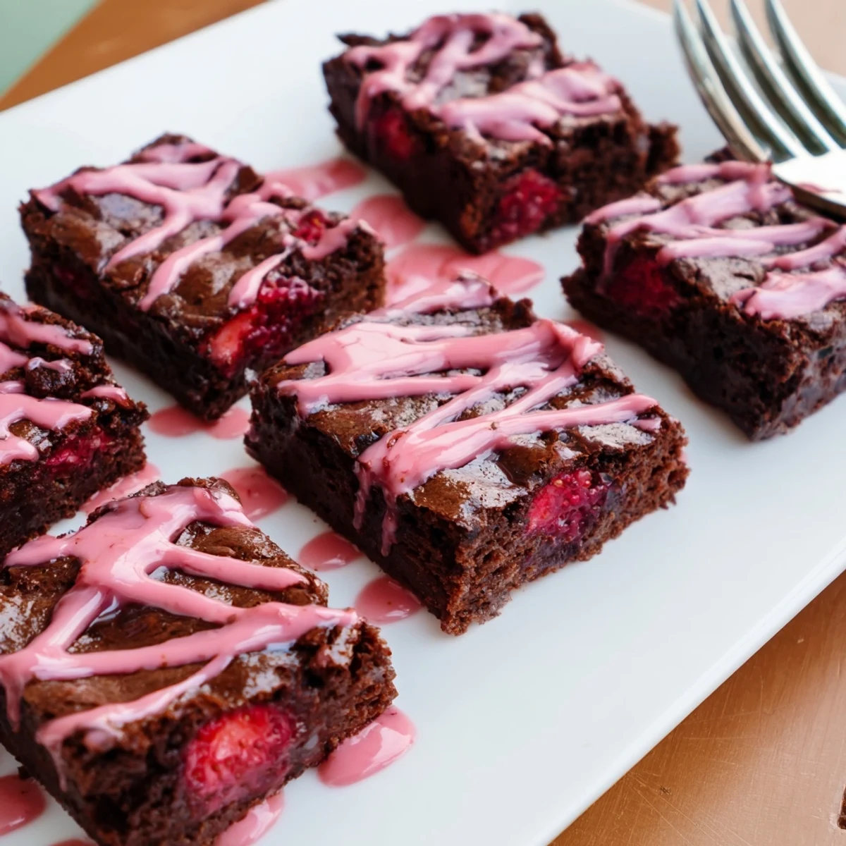 Fudgy easy strawberry brownies topped with sweet pink glaze on a white serving plate