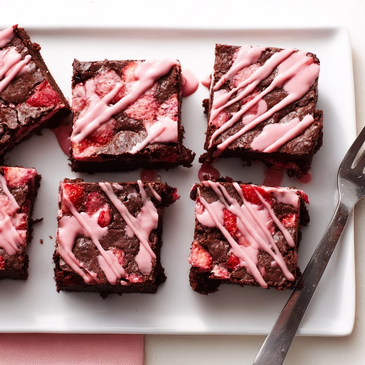 Fresh diced strawberries baked into rich chocolate easy strawberry brownies cut into squares