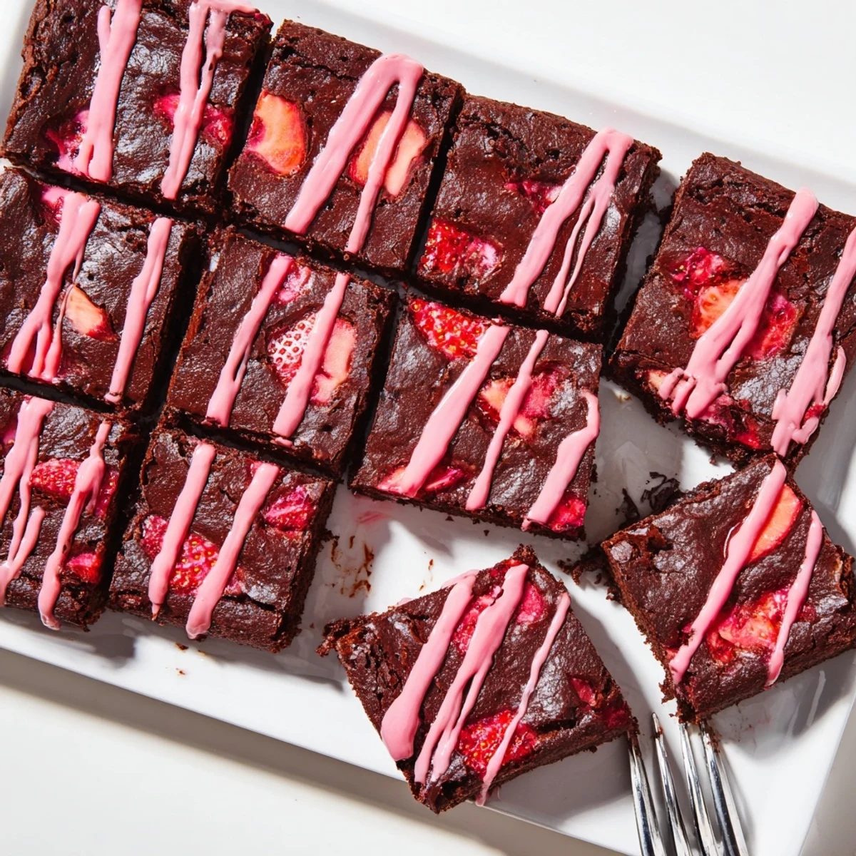 Warm easy strawberry brownies with juicy red fruit pieces and glossy glaze drizzle