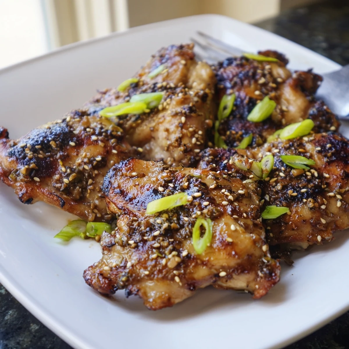 Golden roasted garlic miso chicken thighs garnished with sesame seeds and fresh sliced spring onions