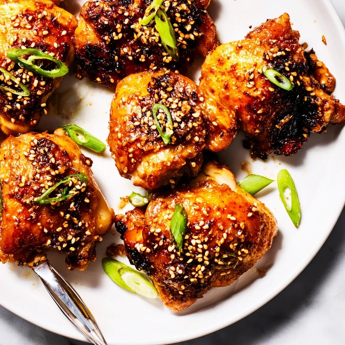 Juicy oven-baked chicken thighs caramelized with savory miso garlic glaze and ginger