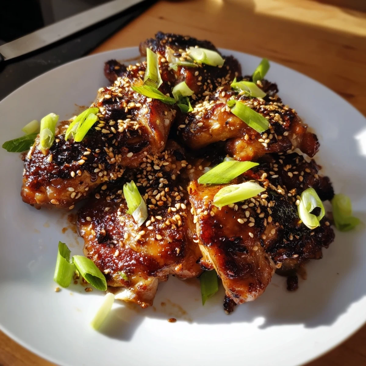 Tender Japanese-inspired garlic miso chicken served hot with toasted sesame seed topping