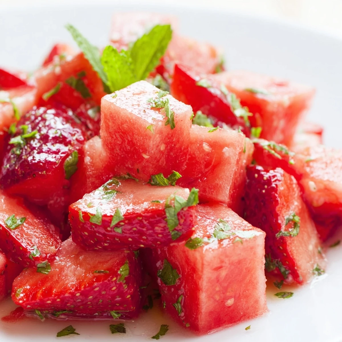 Fresh strawberry watermelon salad with honey lime vinaigrette displayed in a white bowl, garnished with mint