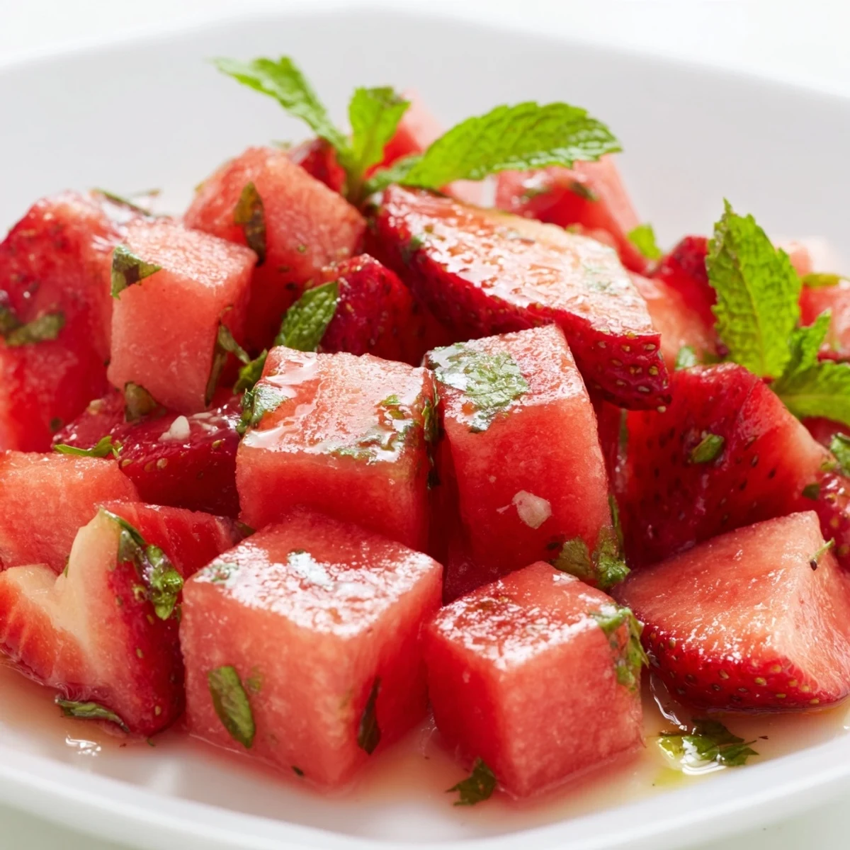 Summer strawberry watermelon salad drizzled with tangy honey lime dressing, featuring juicy red fruit and green mint