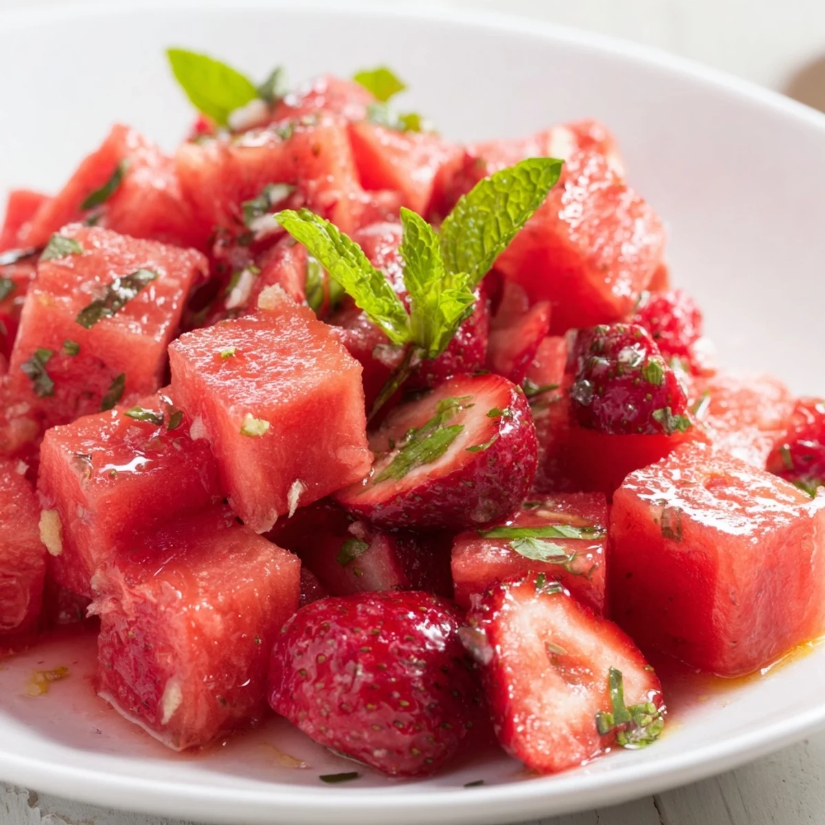 Colorful bowl of strawberry watermelon salad coated in honey lime vinaigrette, topped with fresh mint leaves on a light surface