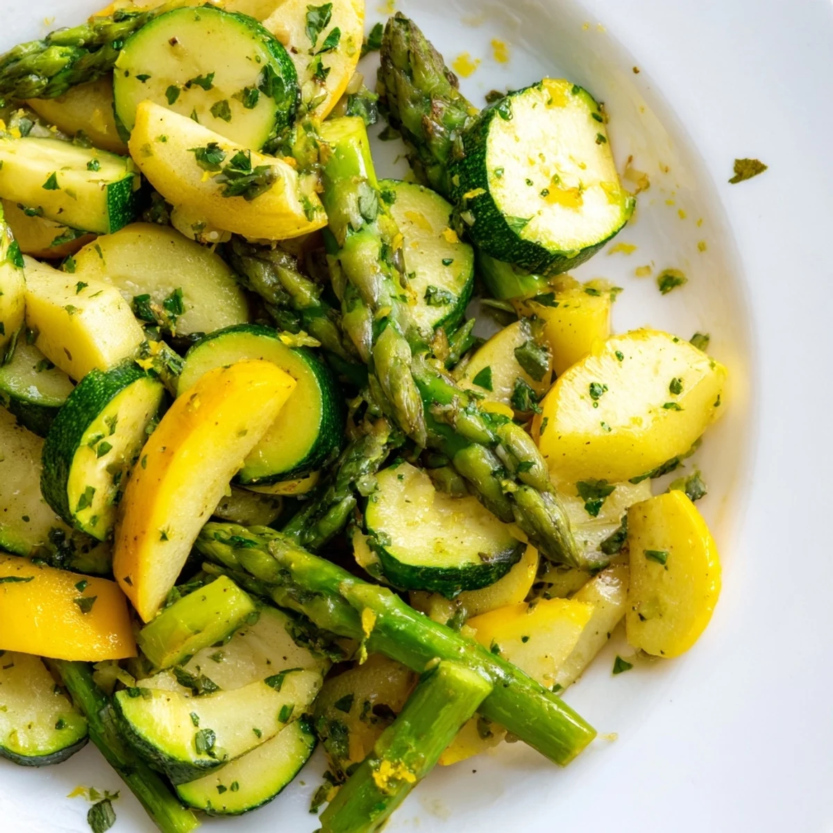 Golden pan of flavorful asparagus with zucchini and squash sautéed with fresh garlic and herbs