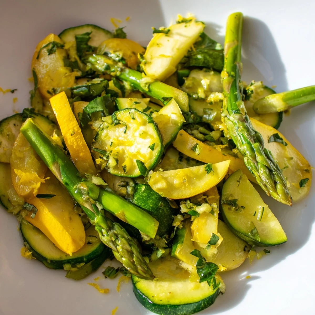 Healthy vegetable side dish featuring colorful asparagus, zucchini, and squash cooked to crisp-tender perfection