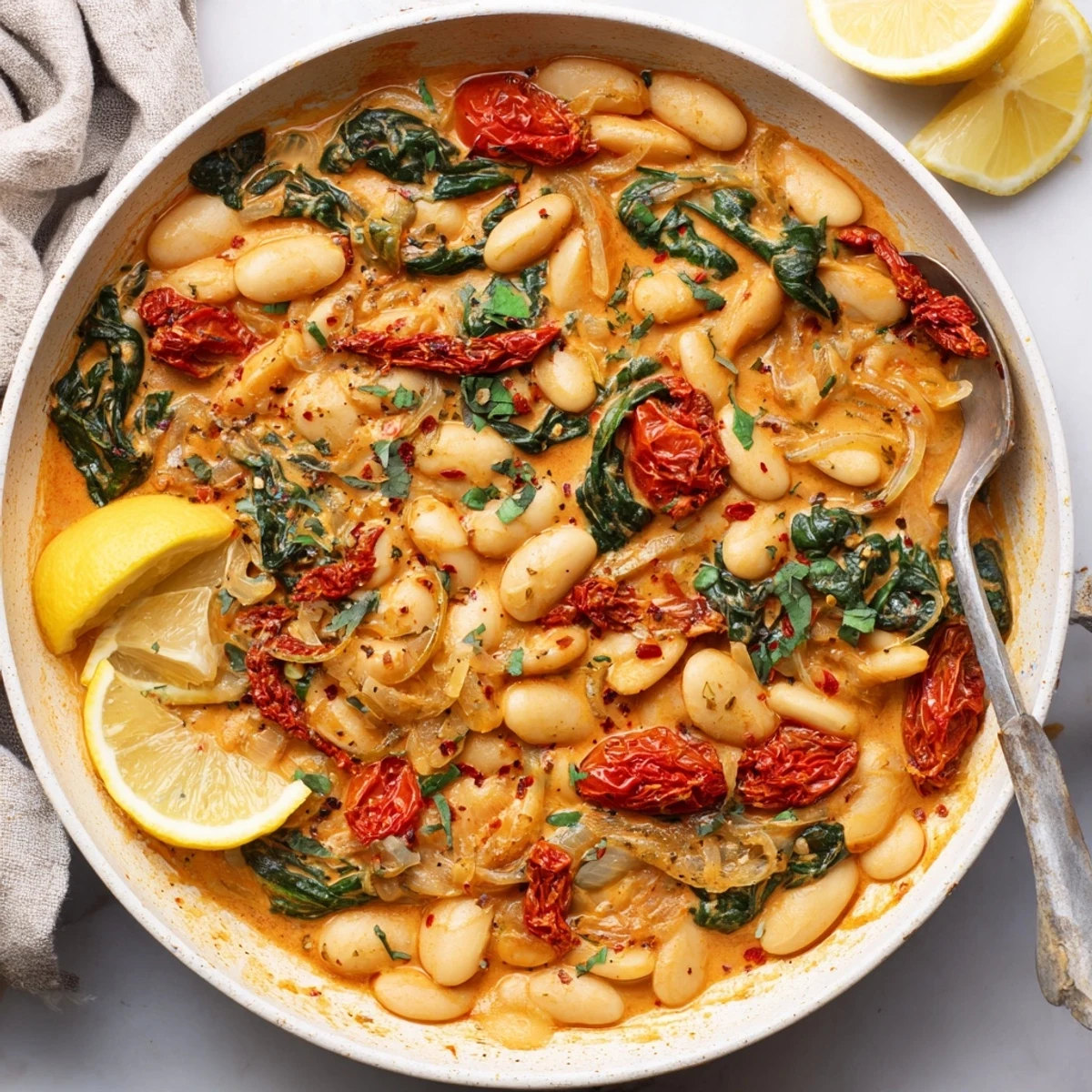 Creamy Greek yogurt marry me butter beans in rich tomato sauce with fresh basil garnish