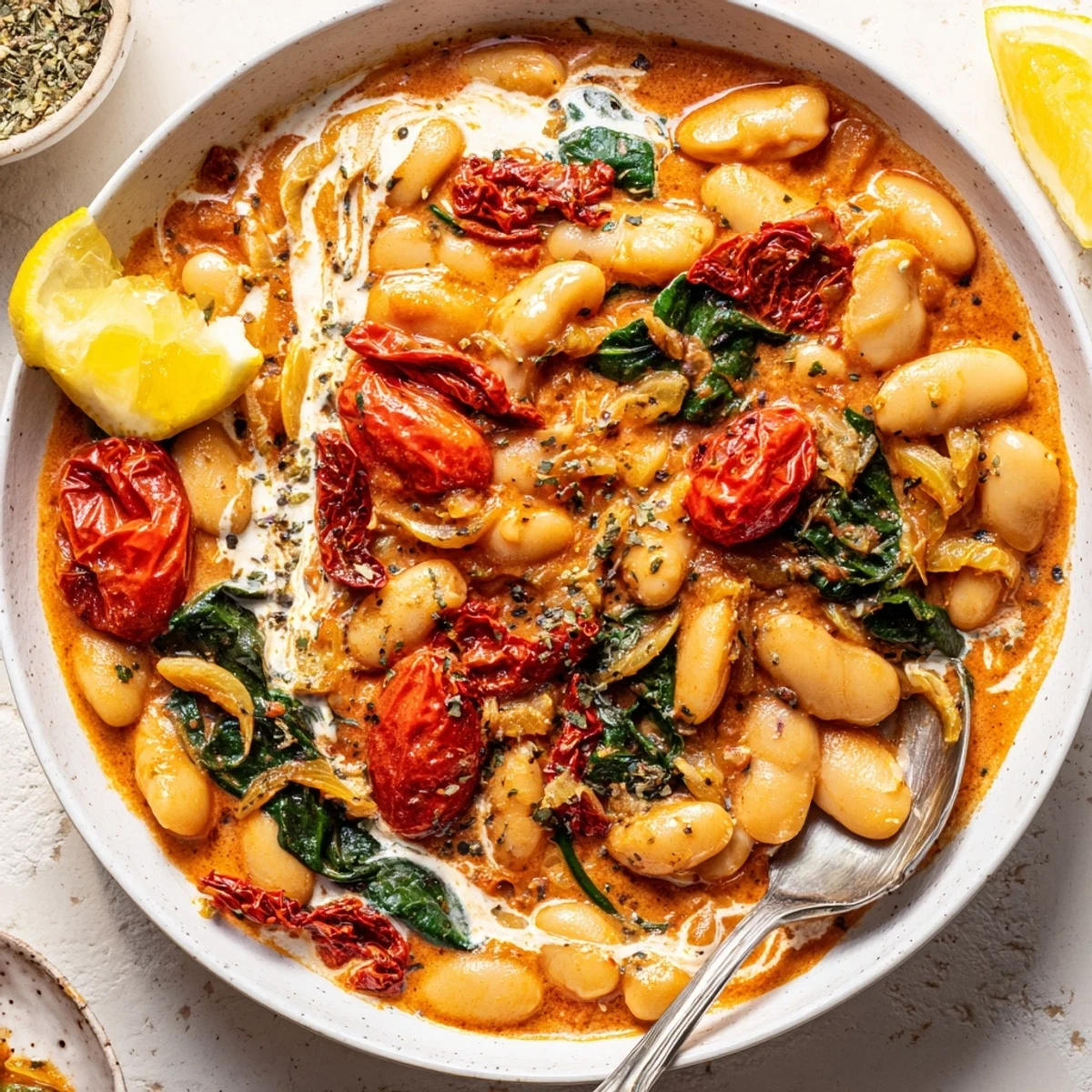 Golden butter beans simmered with tangy Greek yogurt and sun-dried tomatoes in a skillet