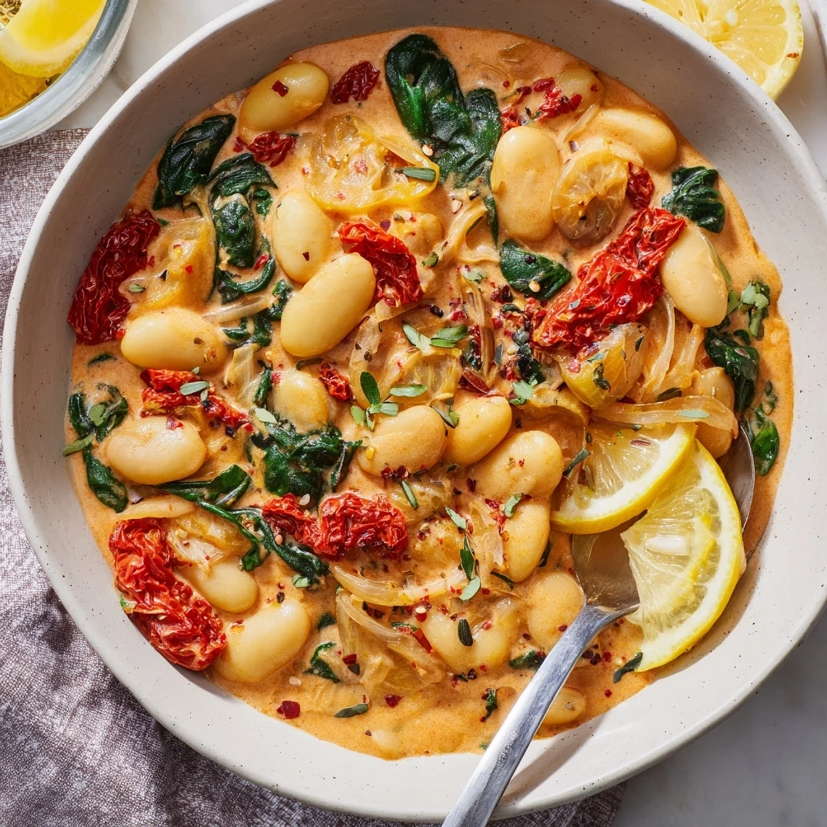 Hearty Greek yogurt marry me butter beans served with crusty bread and lemon wedges