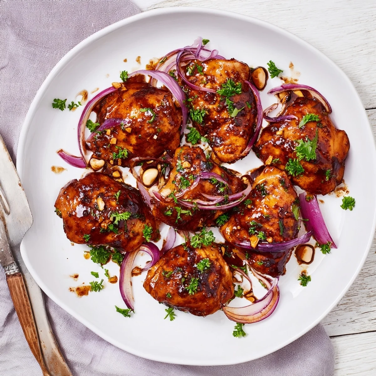Tender chicken pieces simmered in sweet balsamic glaze with fresh parsley garnish