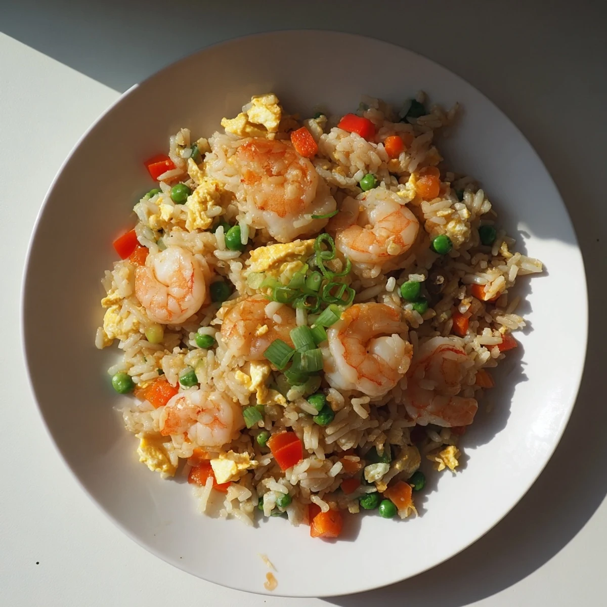Plated garlic prawns and sweet chilli fried rice garnished with fresh green spring onions