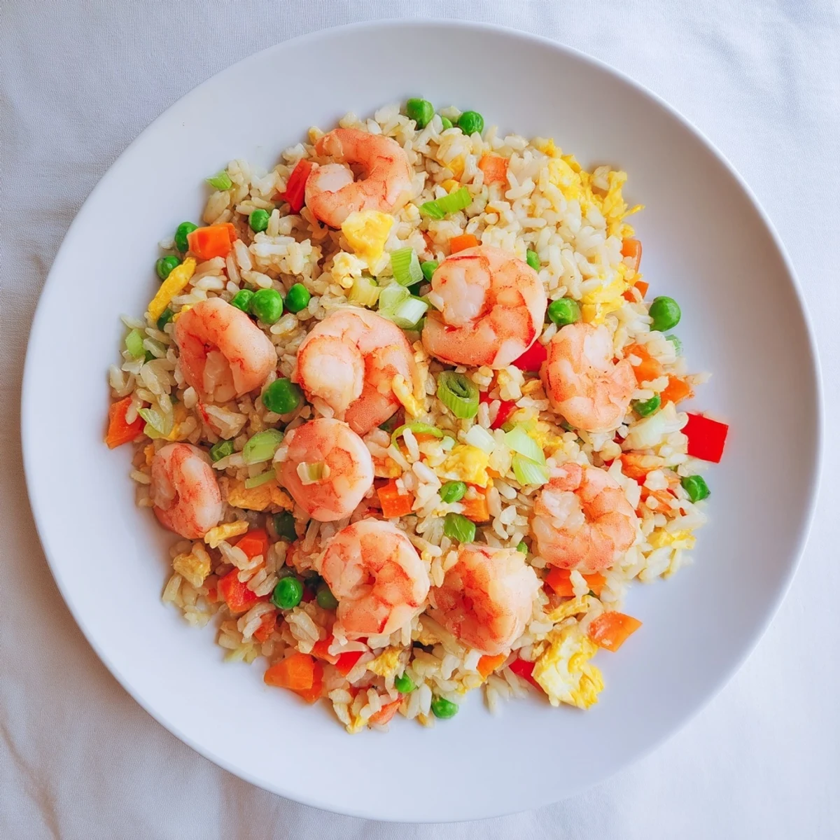 Golden garlic prawns atop steaming sweet chilli fried rice with colorful diced vegetables