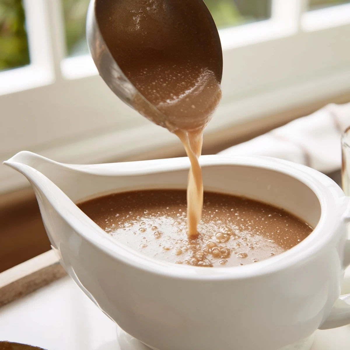 Golden homemade gravy poured generously over fluffy mashed potatoes in a white serving bowl