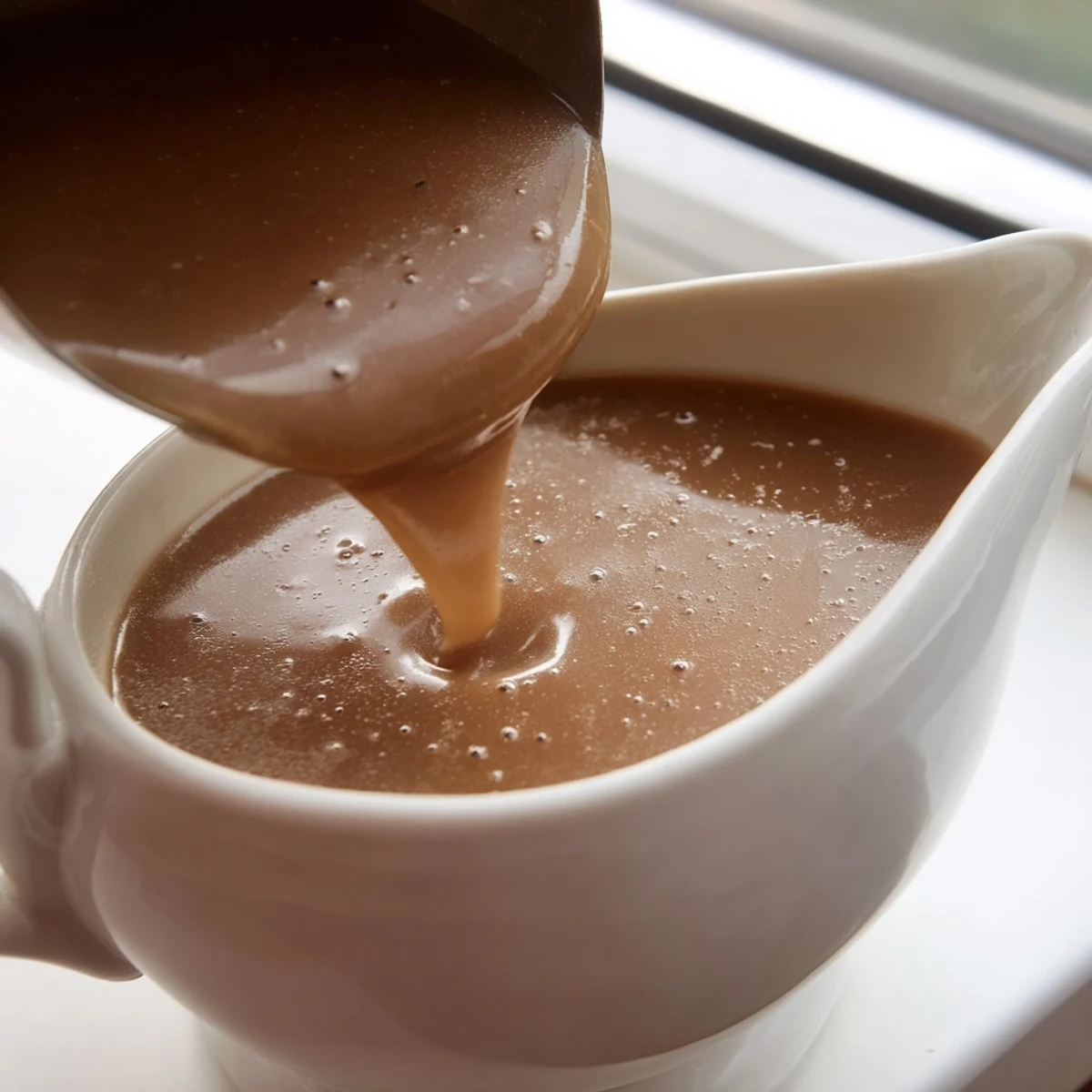 Rich savory homemade gravy with fresh herbs spooned atop a holiday roast dinner platter