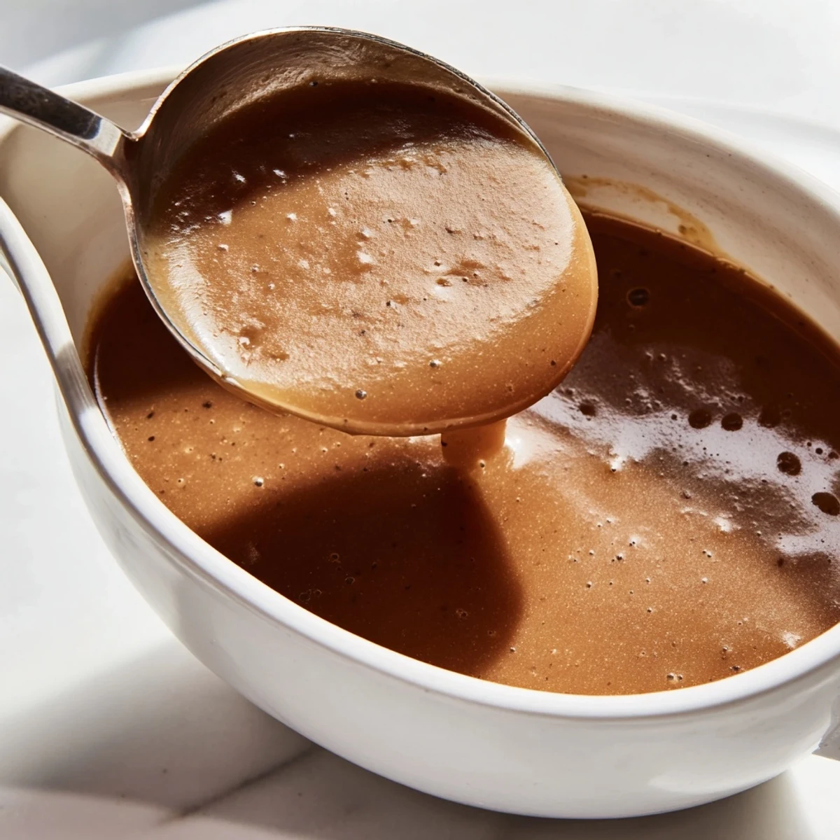Velvety smooth homemade gravy drizzling from a gravy boat onto a rustic wooden table