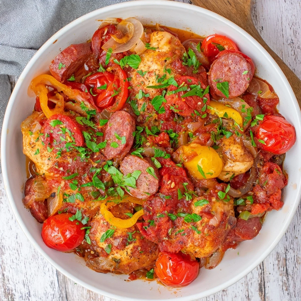 Golden chicken chorizo and tomato casserole simmered with colorful peppers in a rich Dutch oven