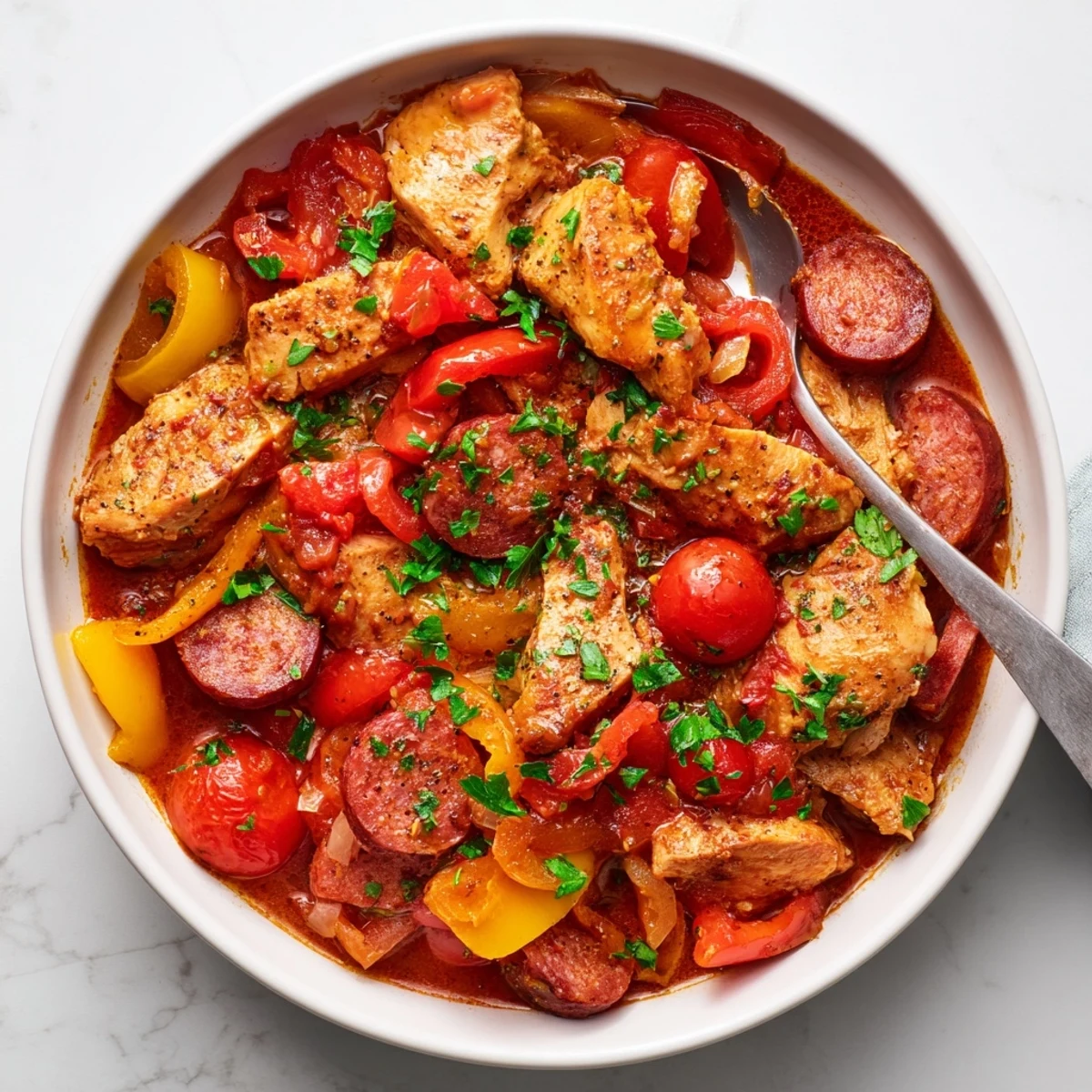 Hearty Spanish chicken chorizo and tomato casserole topped with fresh parsley ready for serving