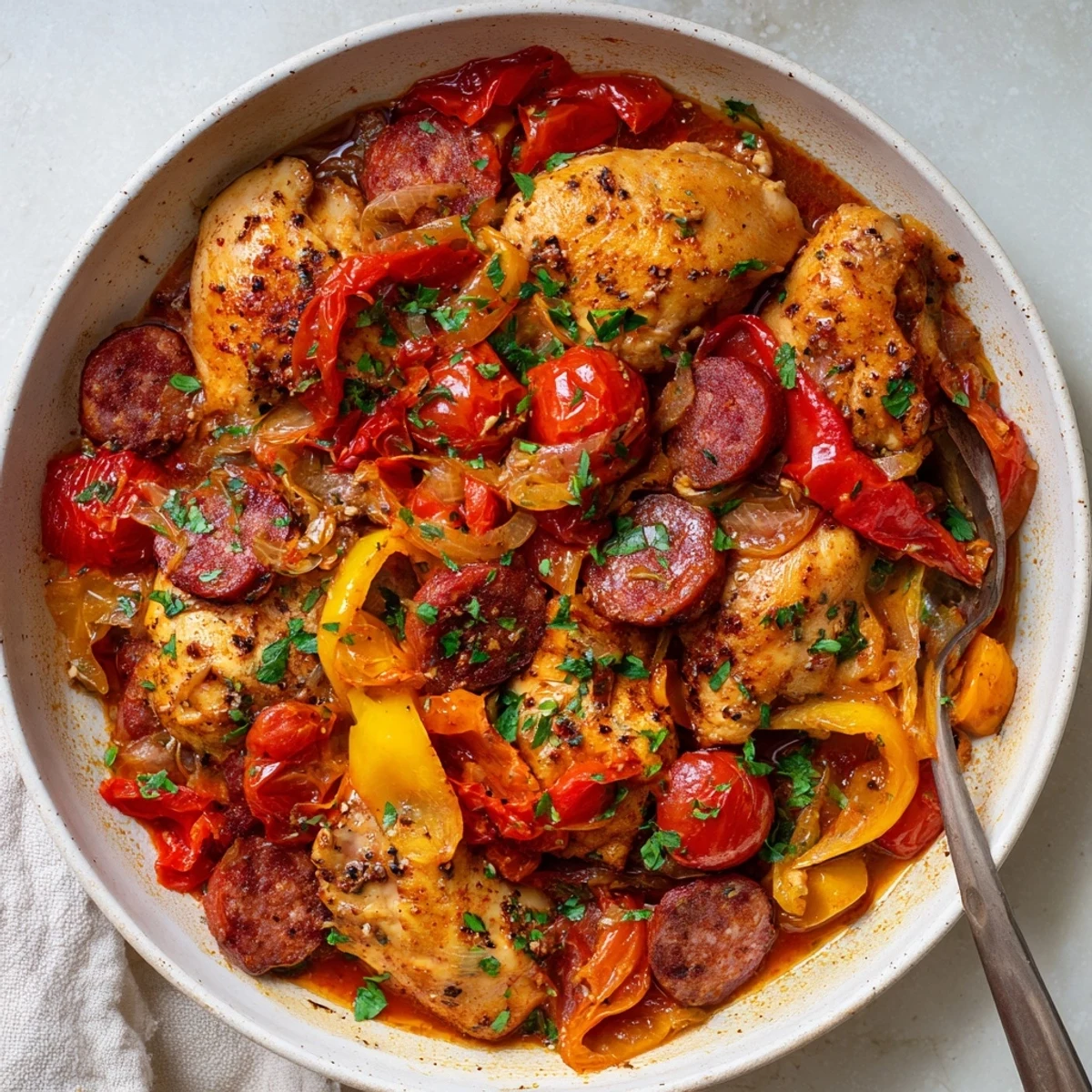 One-pot chicken chorizo and tomato casserole featuring tender chunks swimming in spicy red sauce