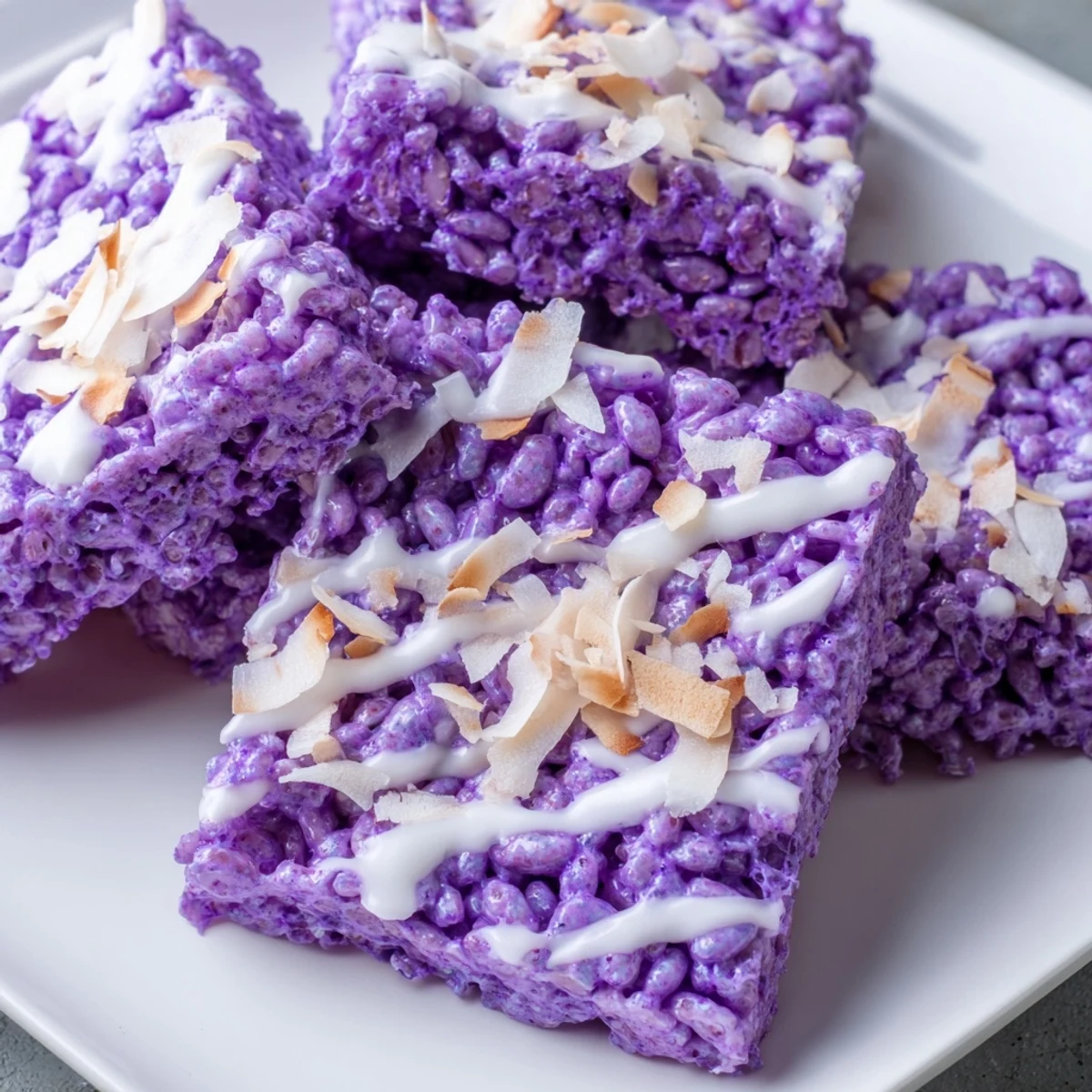 Vibrant purple ube rice krispie treats drizzled with white chocolate and coconut flakes