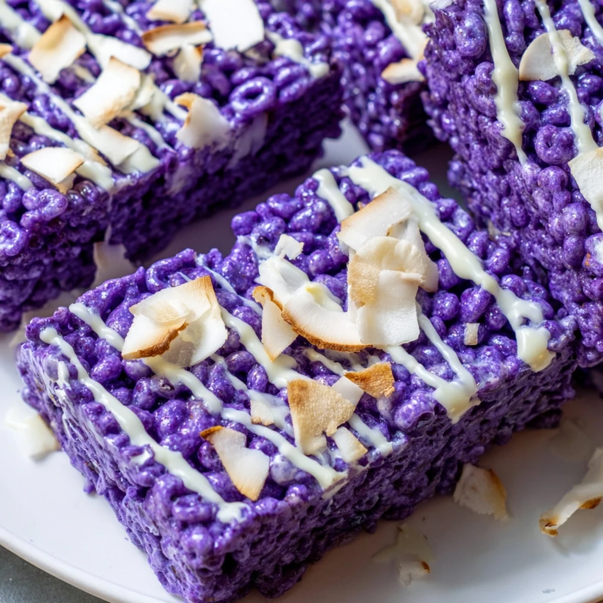 Chewy purple yam marshmallow squares cut into neat pieces on a serving plate