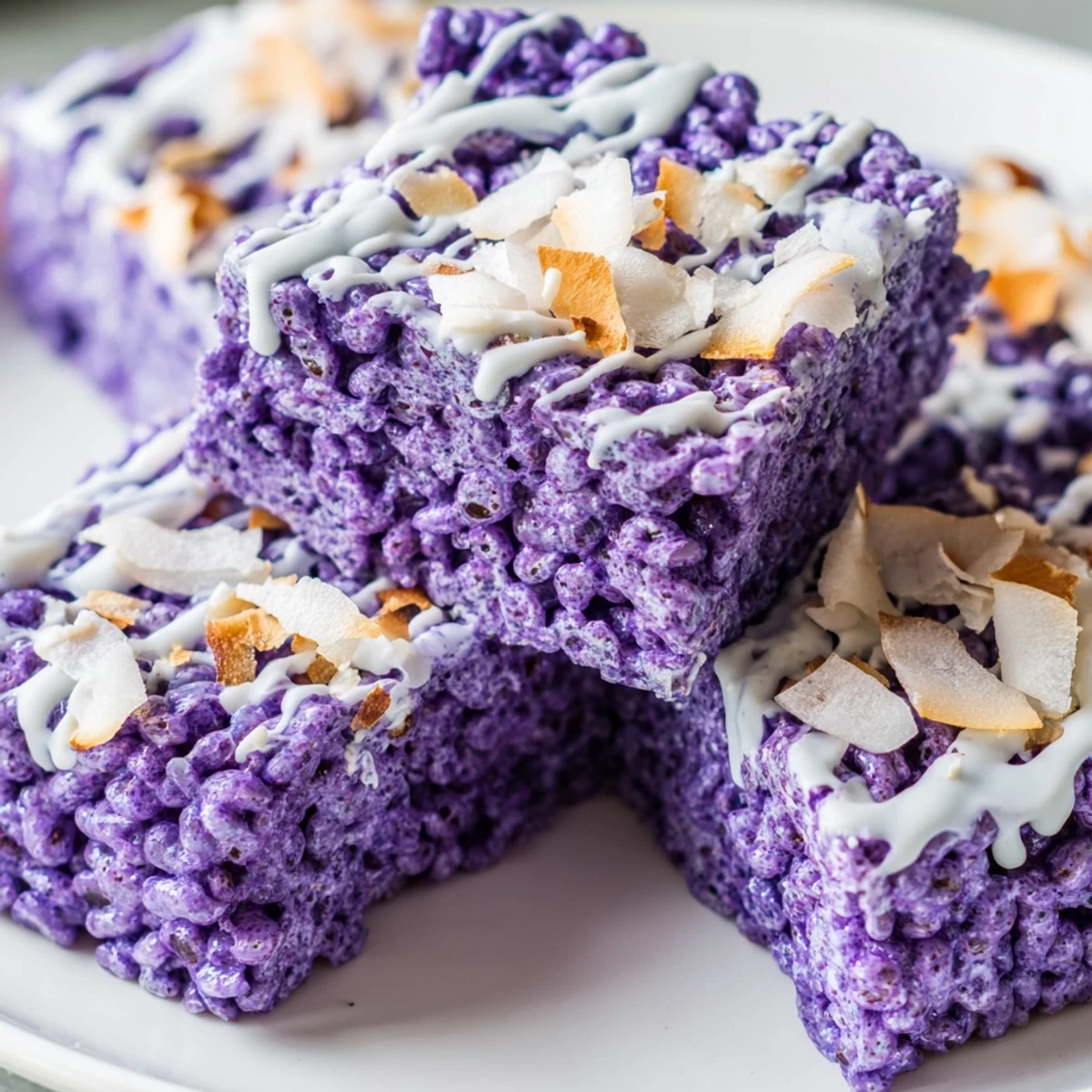Golden marshmallow and ube mixture being folded into crispy rice cereal in a saucepan