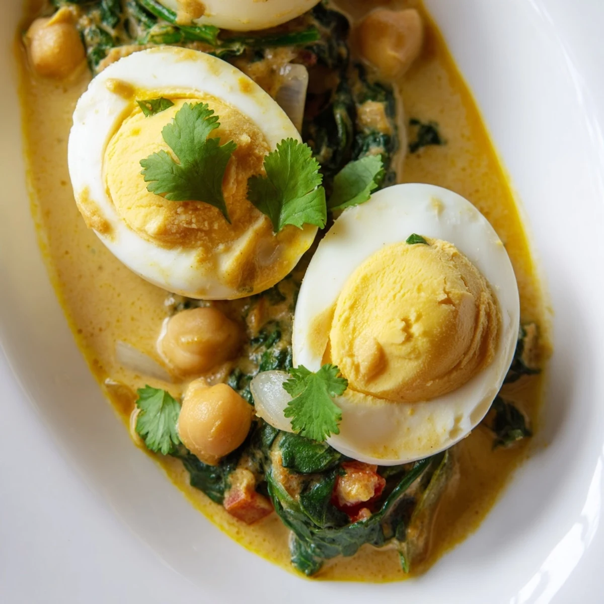 Golden halved eggs nestled in rich coconut korma with chickpeas and fresh spinach