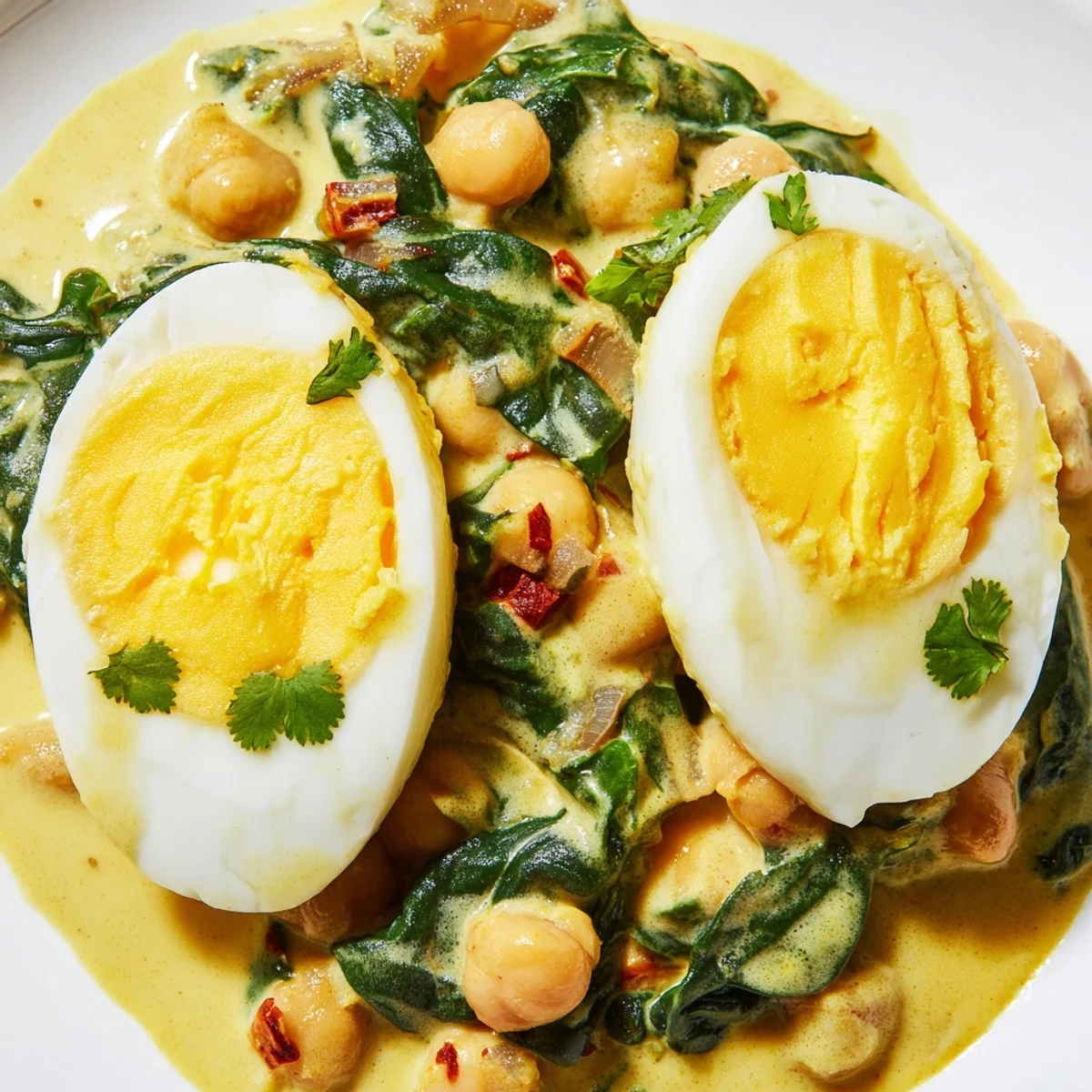 Creamy mild egg korma curry with chickpeas and spinach in a fragrant sauce