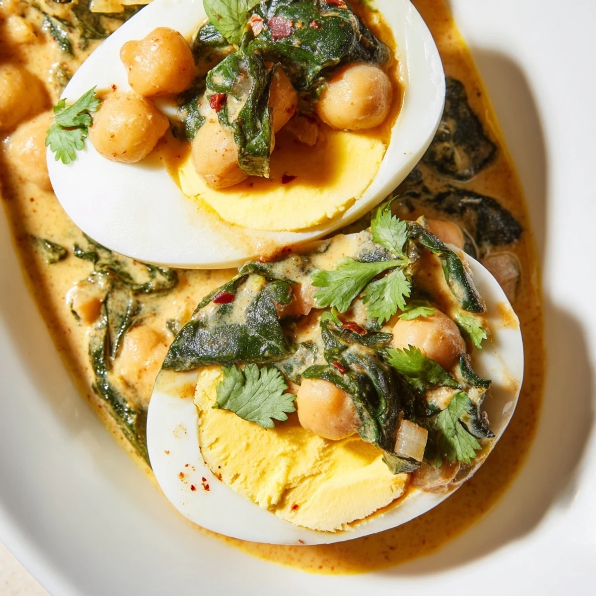 Vegetarian mild egg korma featuring tender eggs, hearty chickpeas, and wilted spinach leaves
