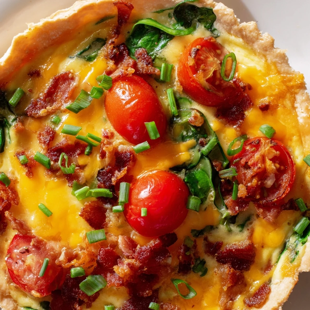 Savory breakfast tart featuring bubbly cheddar cheese, cherry tomatoes and spinach on buttery puff pastry