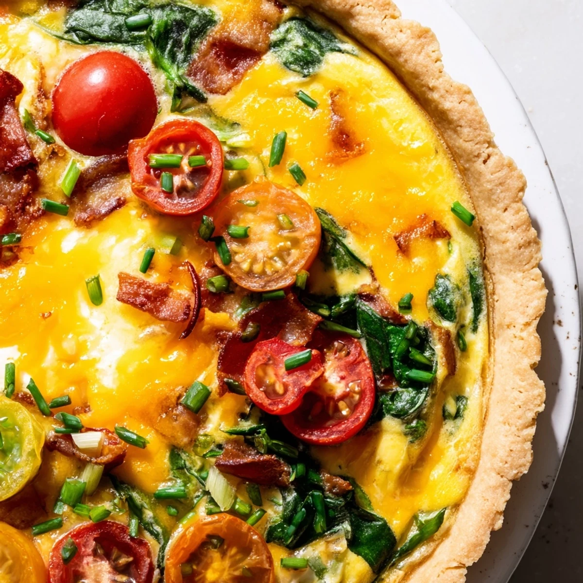Golden family breakfast tart with flaky crust, creamy egg filling, crisp bacon and fresh vegetables