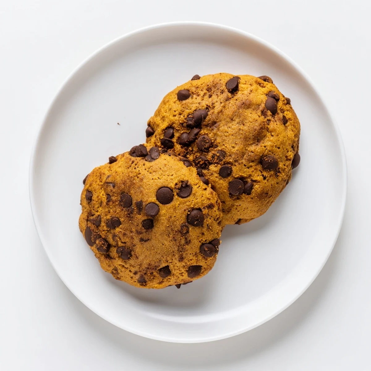 Soft pumpkin spice chocolate chip cookies stacked on a wooden cutting board with melted chocolate visible