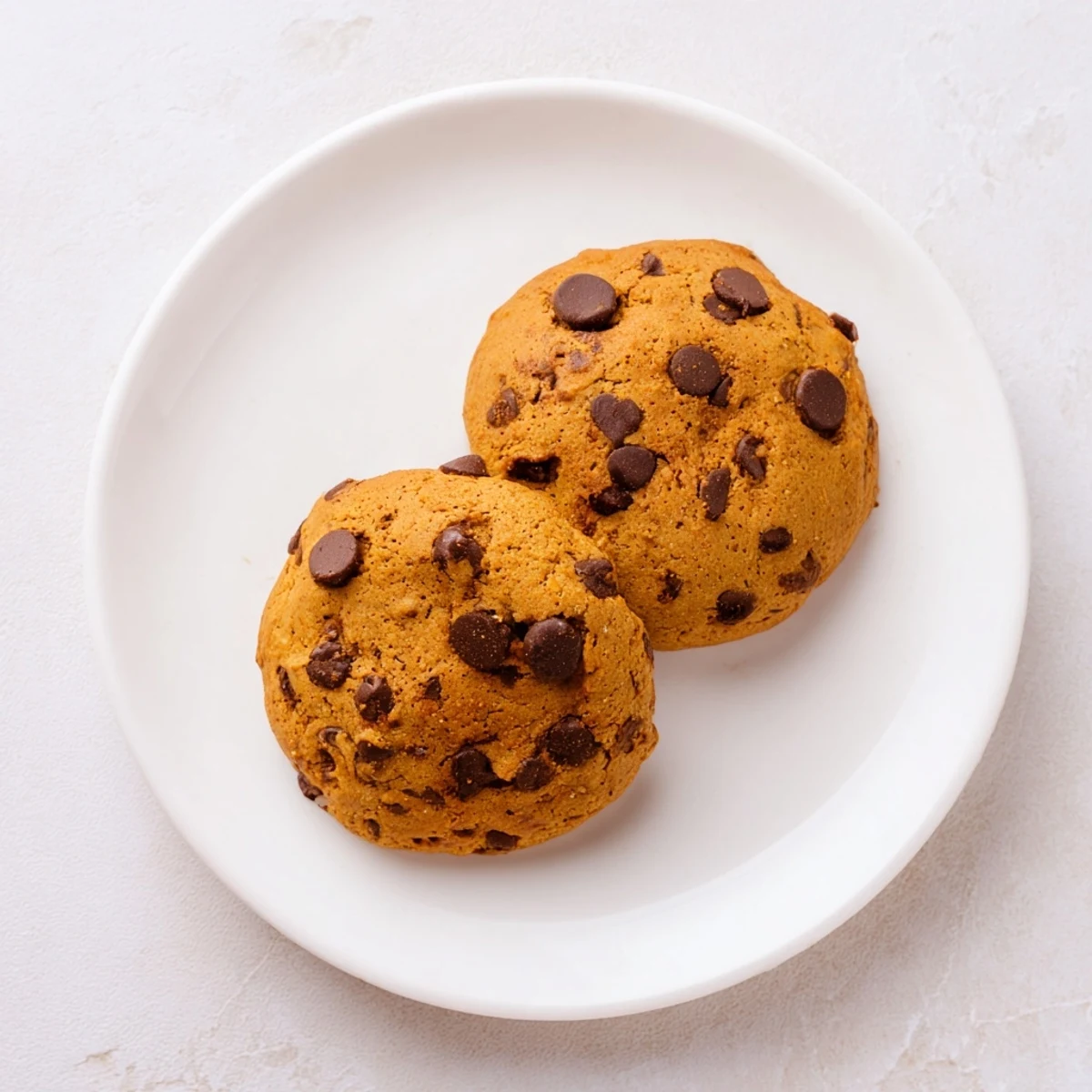 Close up of soft chewy pumpkin spice chocolate chip cookies showing pumpkin puree specks and semi sweet chips