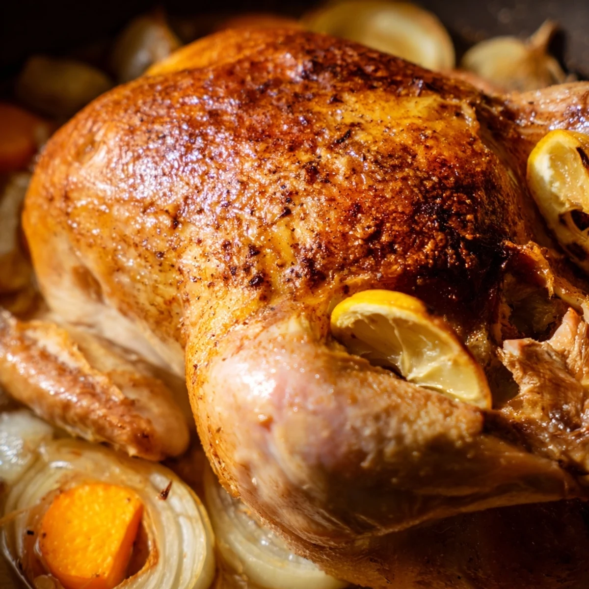 Golden roasted chicken with crispy skin resting beside lemon and garlic aromatics on a rustic roasting pan