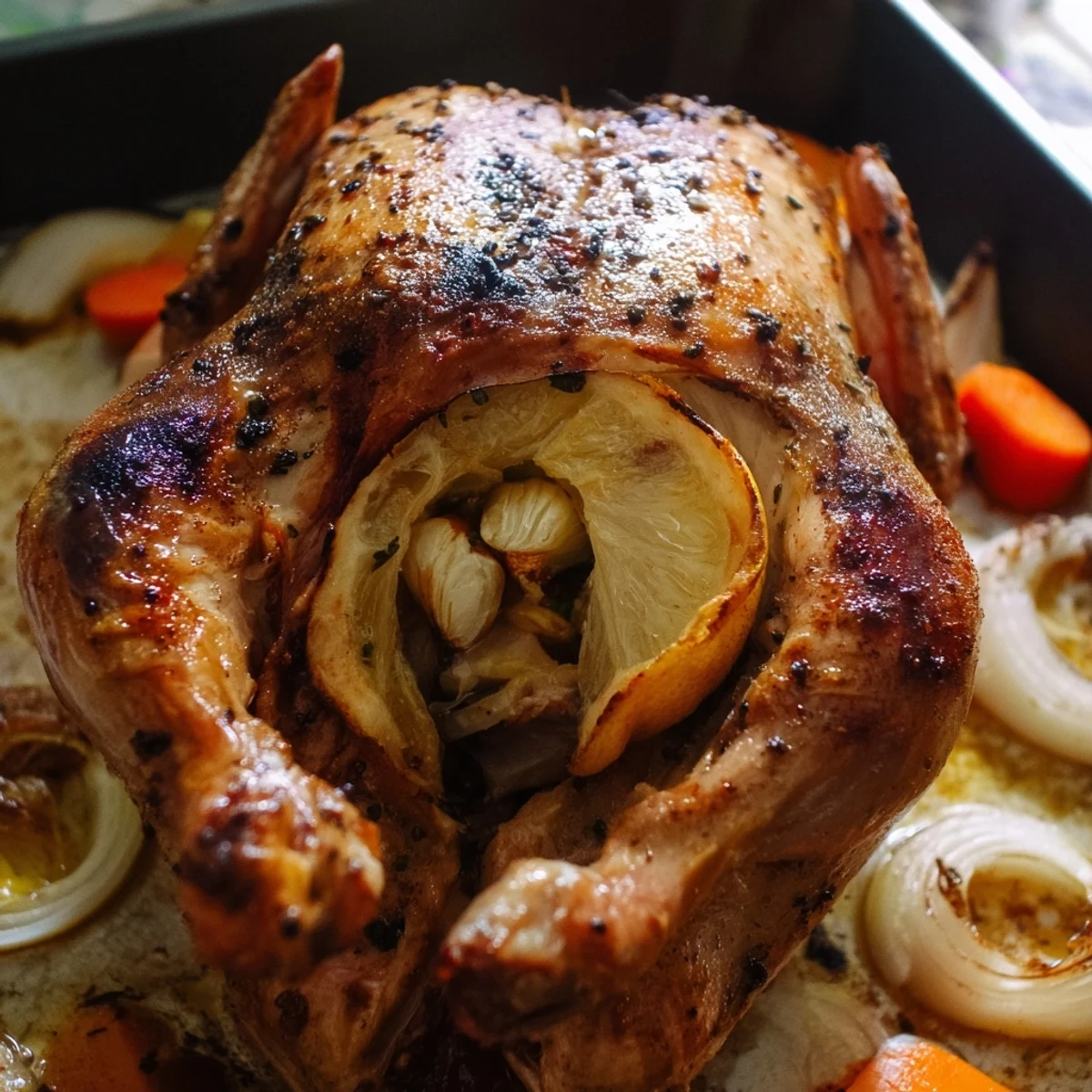 Mediterranean-style roast garlic and lemon chicken displayed on a platter with fresh thyme and pan juices