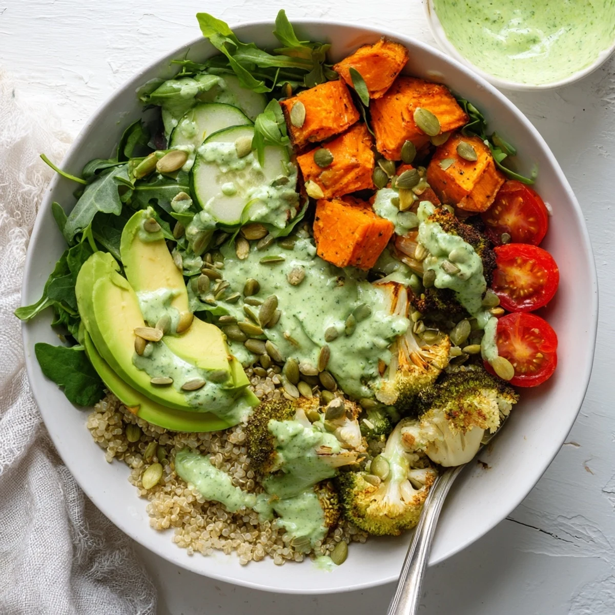 Wholesome green goddess veggie bowl featuring fluffy quinoa roasted vegetables and avocado slices topped with tangy yogurt herb dressing