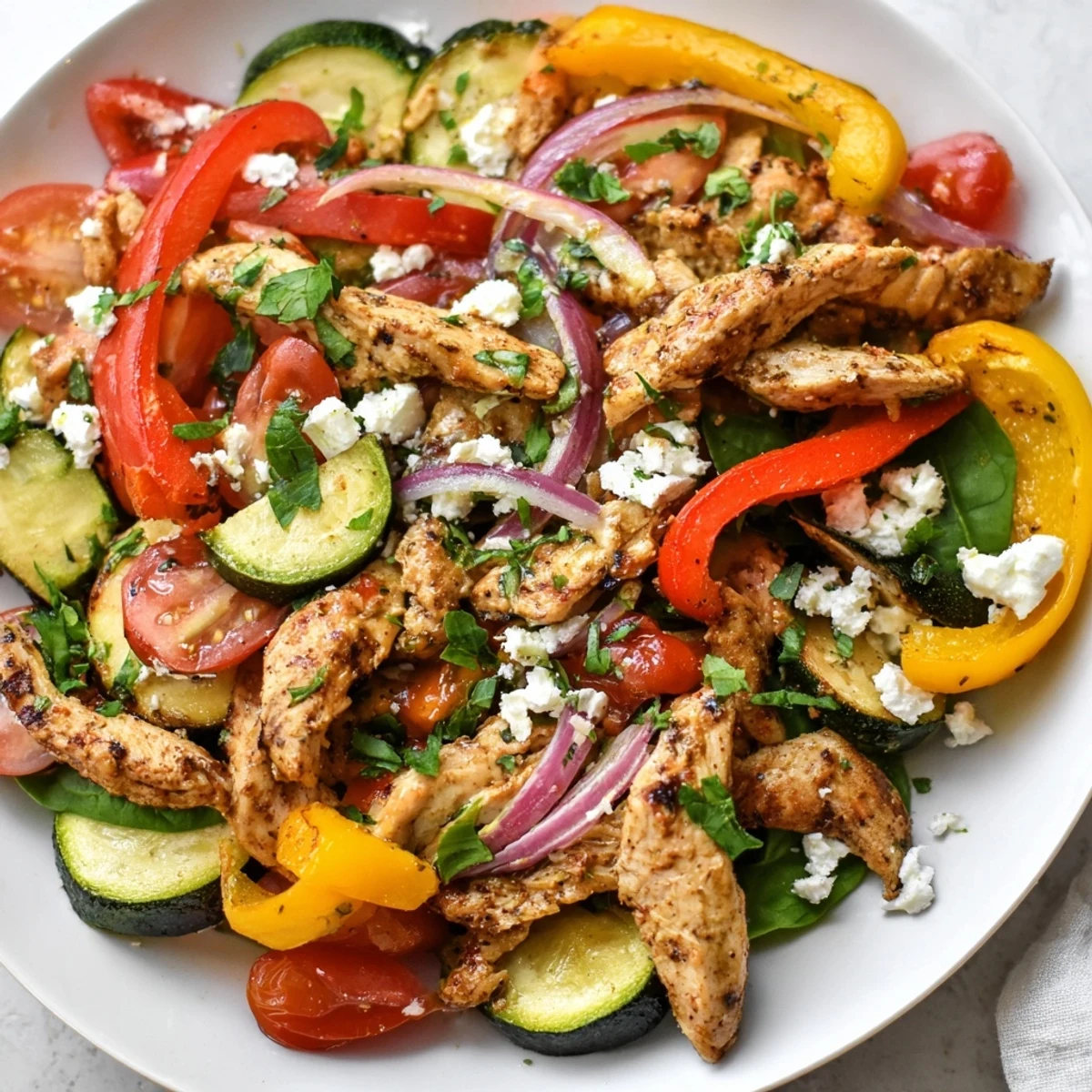 Juicy chicken strips stir fried with zucchini tomatoes spinach and Mediterranean herbs in a skillet