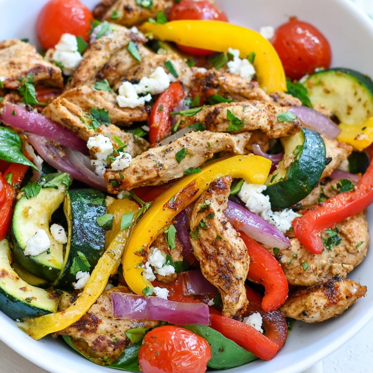 Golden Mediterranean chicken stir fry with colorful bell peppers and crumbled feta cheese garnish