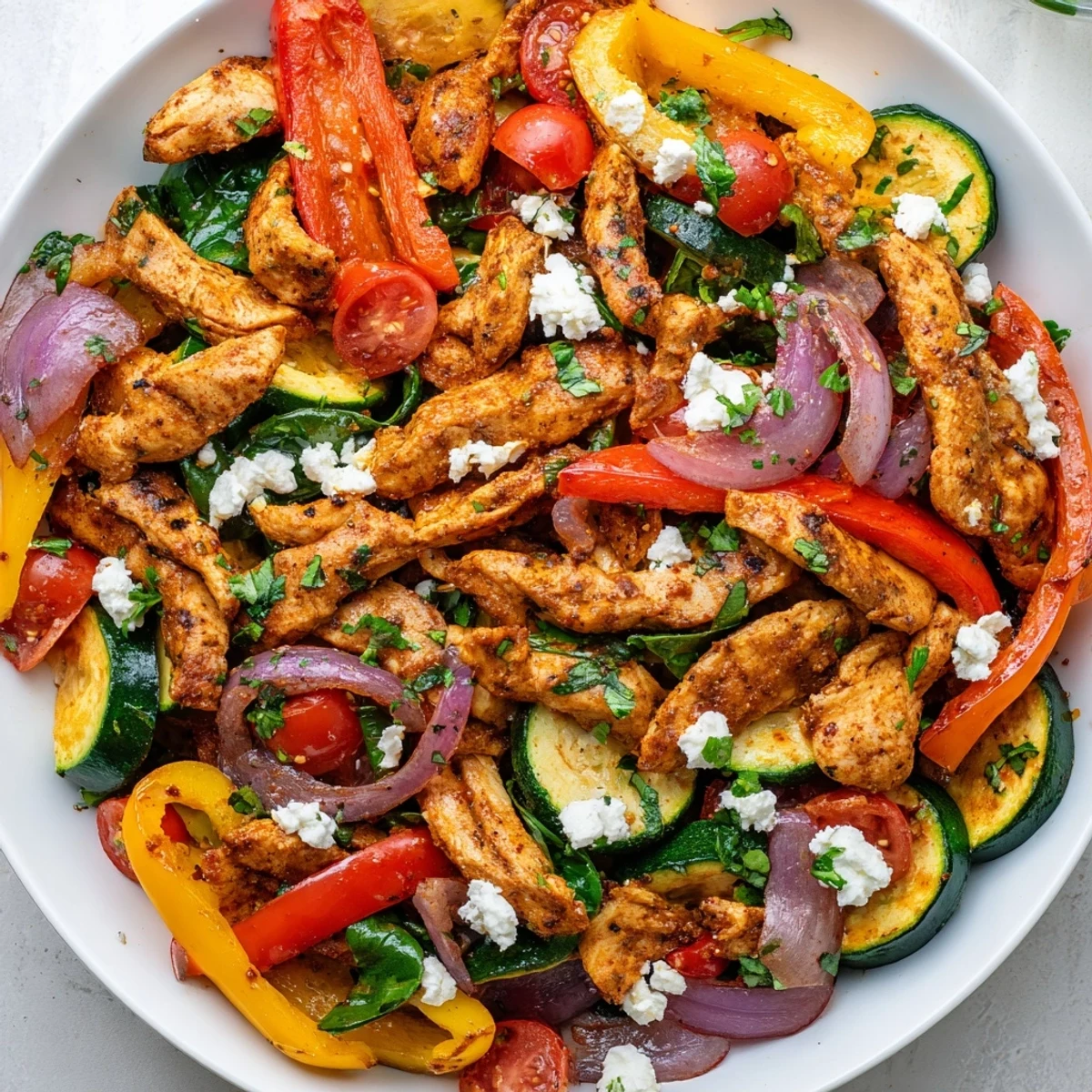Easy Mediterranean chicken stir fry plated with fresh parsley lemon wedges and melted feta topping