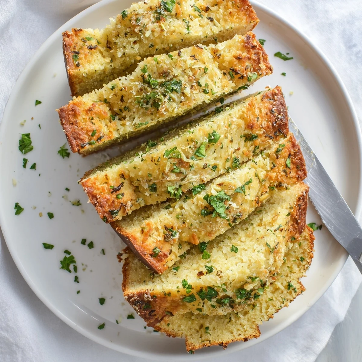 Golden brown Parmesan herb keto bread loaf topped with melted cheese and fresh parsley garnish