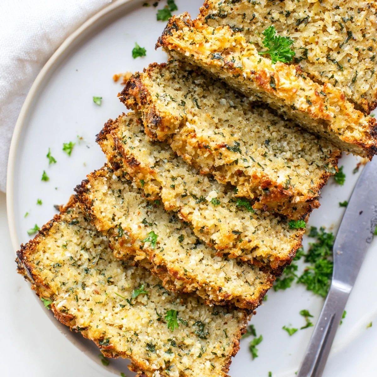 Savory low-carb Parmesan herb keto bread sliced thick on a wooden cutting board