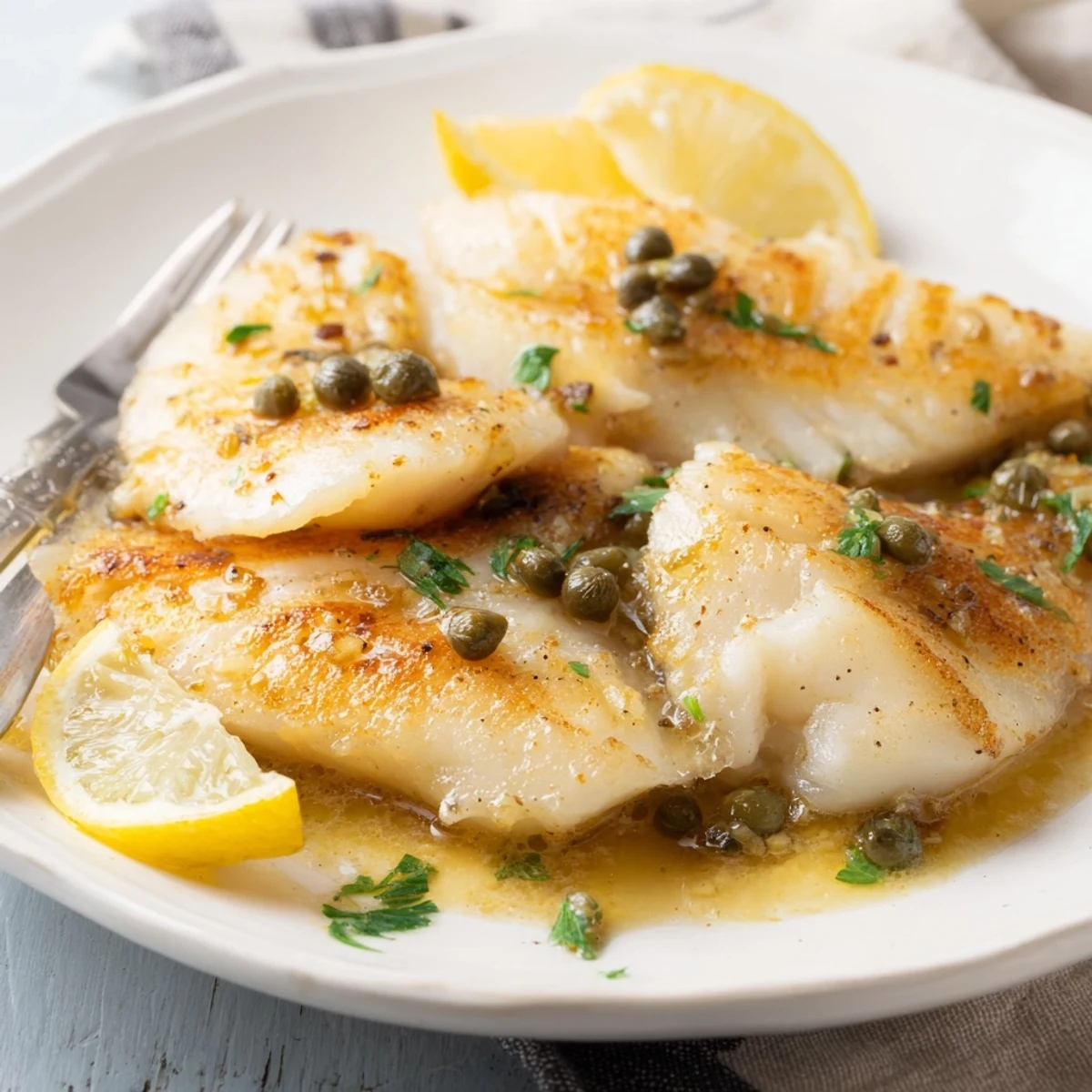 Golden pan-seared cod fillets topped with a bright lemon caper butter sauce and fresh parsley garnish