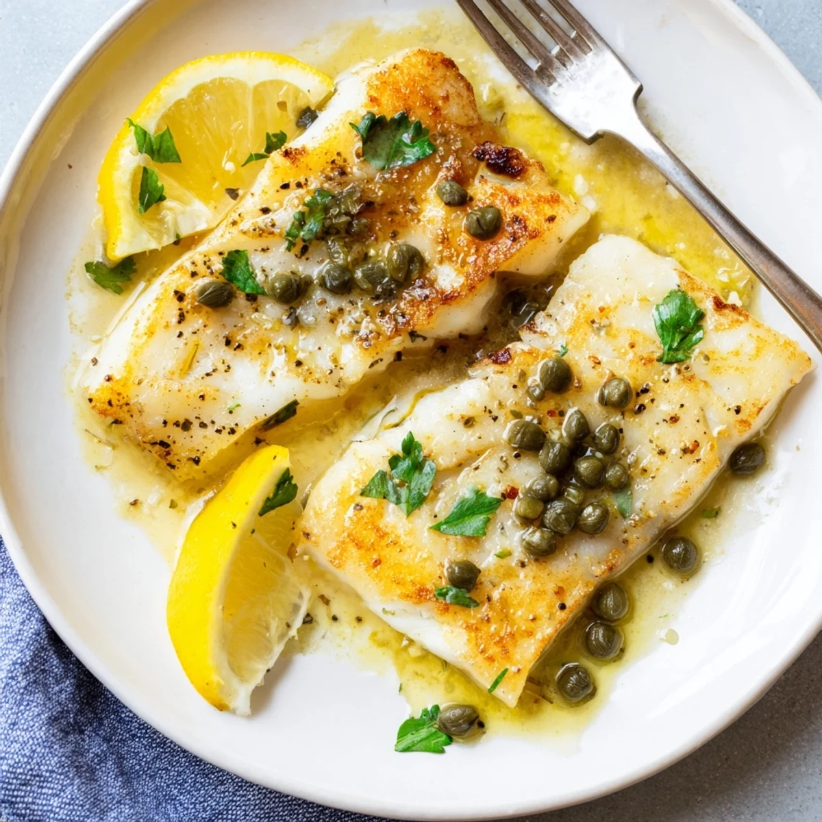 Tender white cod pieces simmered in a zesty garlic lemon sauce with briny capers and melted butter
